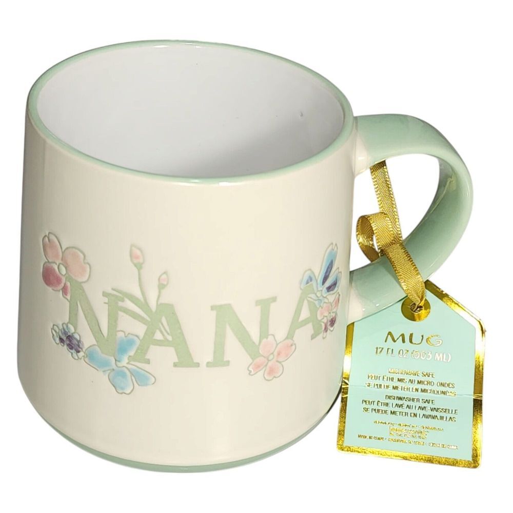 Best Friends Collection NANA Ivory‎ And Green Embossed Ceramic Coffee Mug 17oz